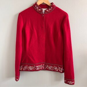Talbots 100% Wool Red Beaded Floral Mandarin Collar Jacket Medium